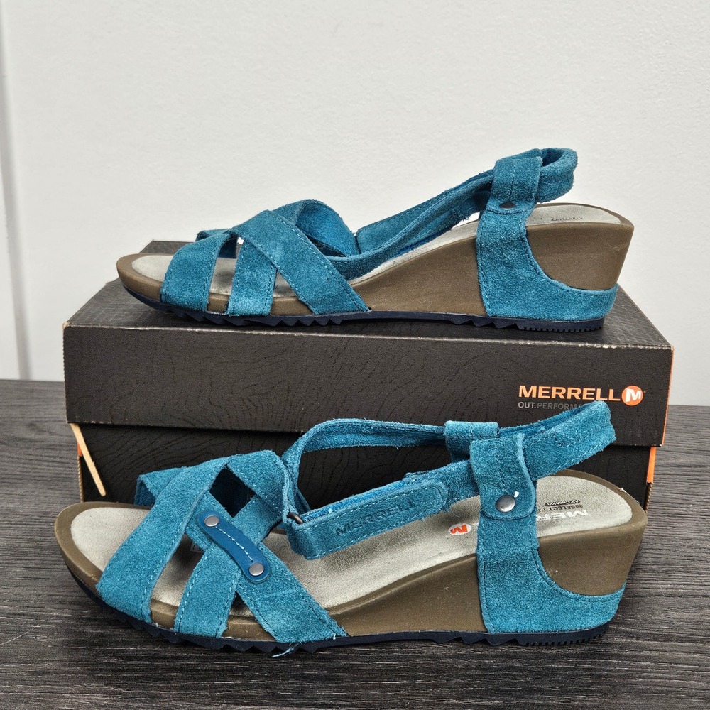 Merrell Womens Sz 8 Revalli Cross Dragonfly Blue Suede Wedge Sandals J22000